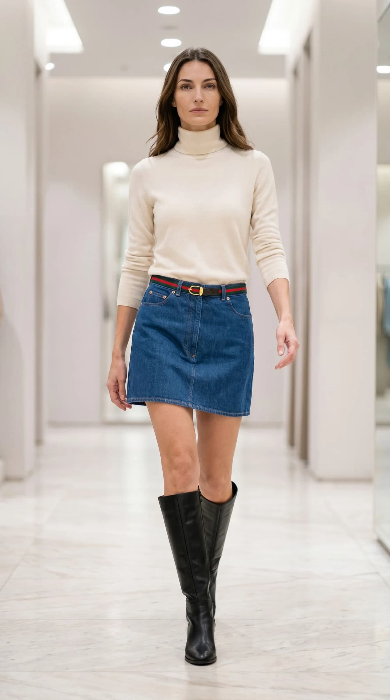 Gucci Web Şerit Kemerli Denim Mavi Mini Etek görsel 4