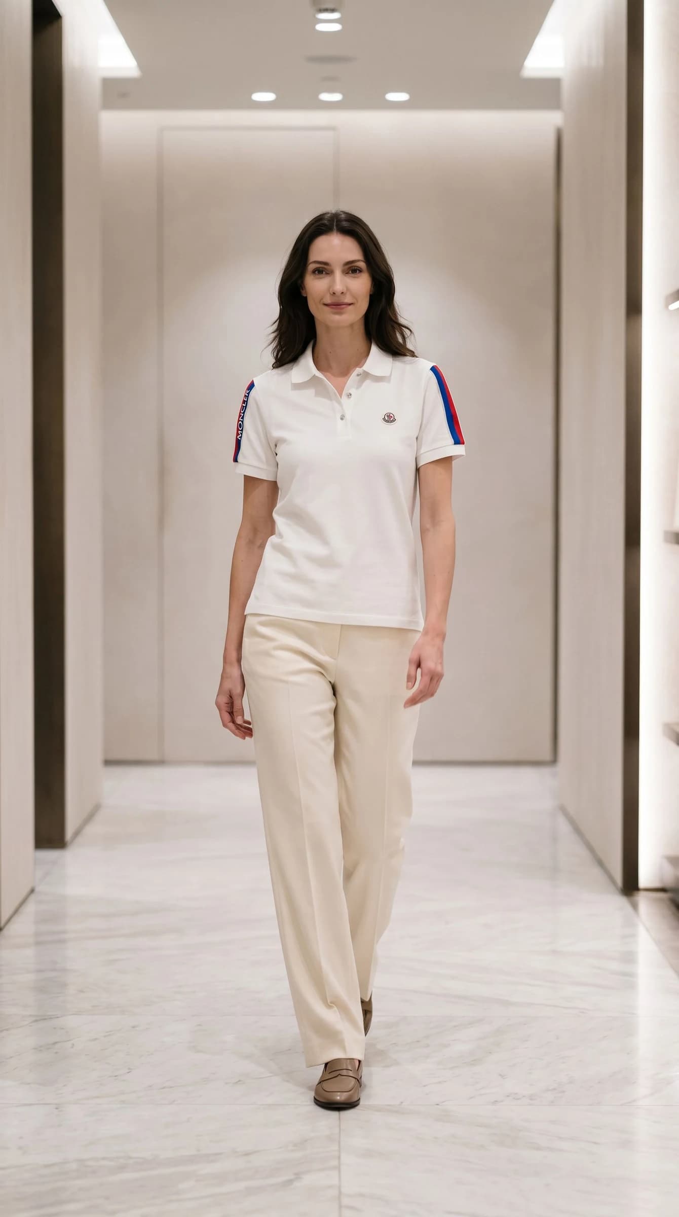 Moncler Logo Patch Triko Şeritli Beyaz Polo görsel 4