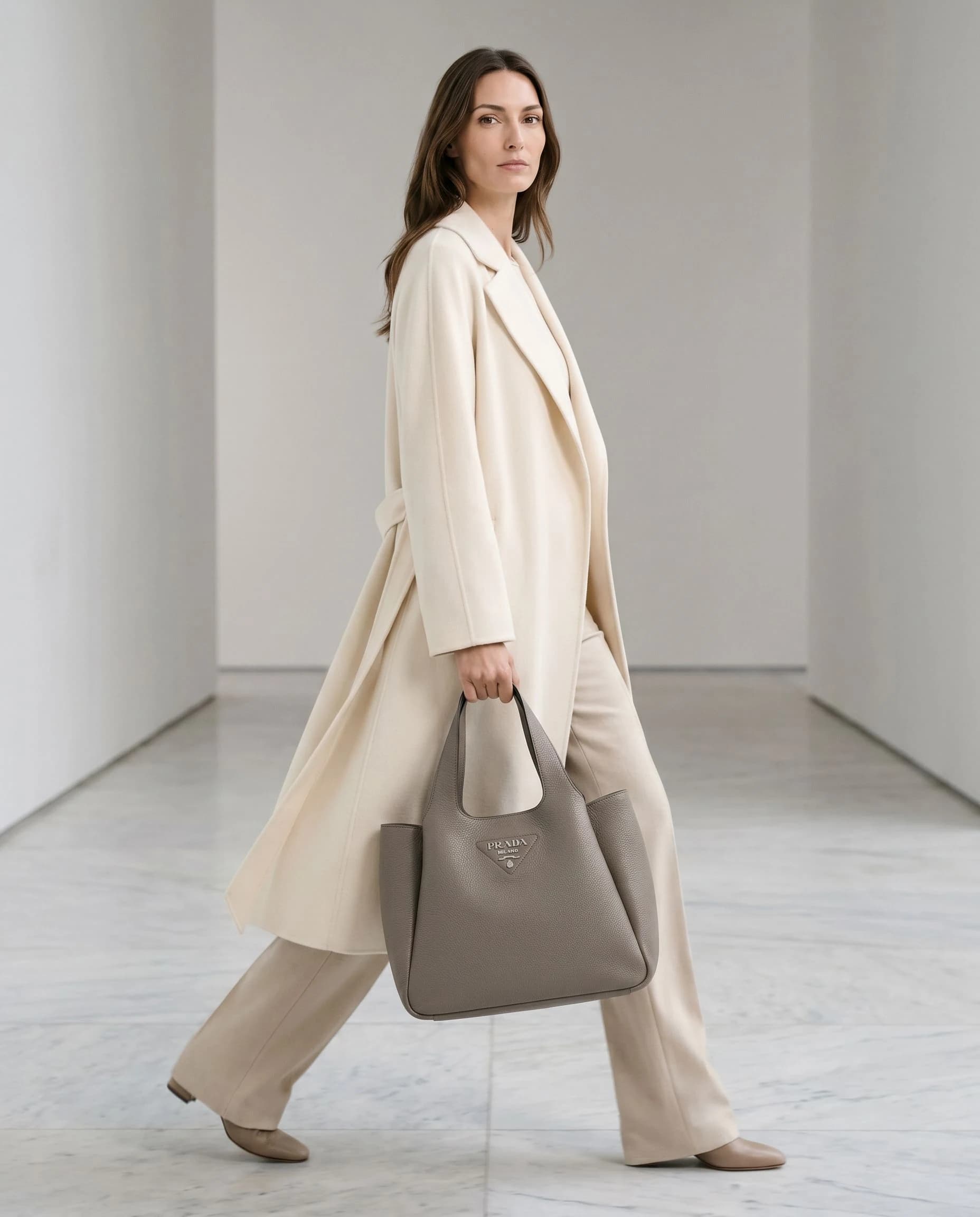 Prada Vitello Daino Soft Shopping Argilla Deri Omuz Çantası görsel 12