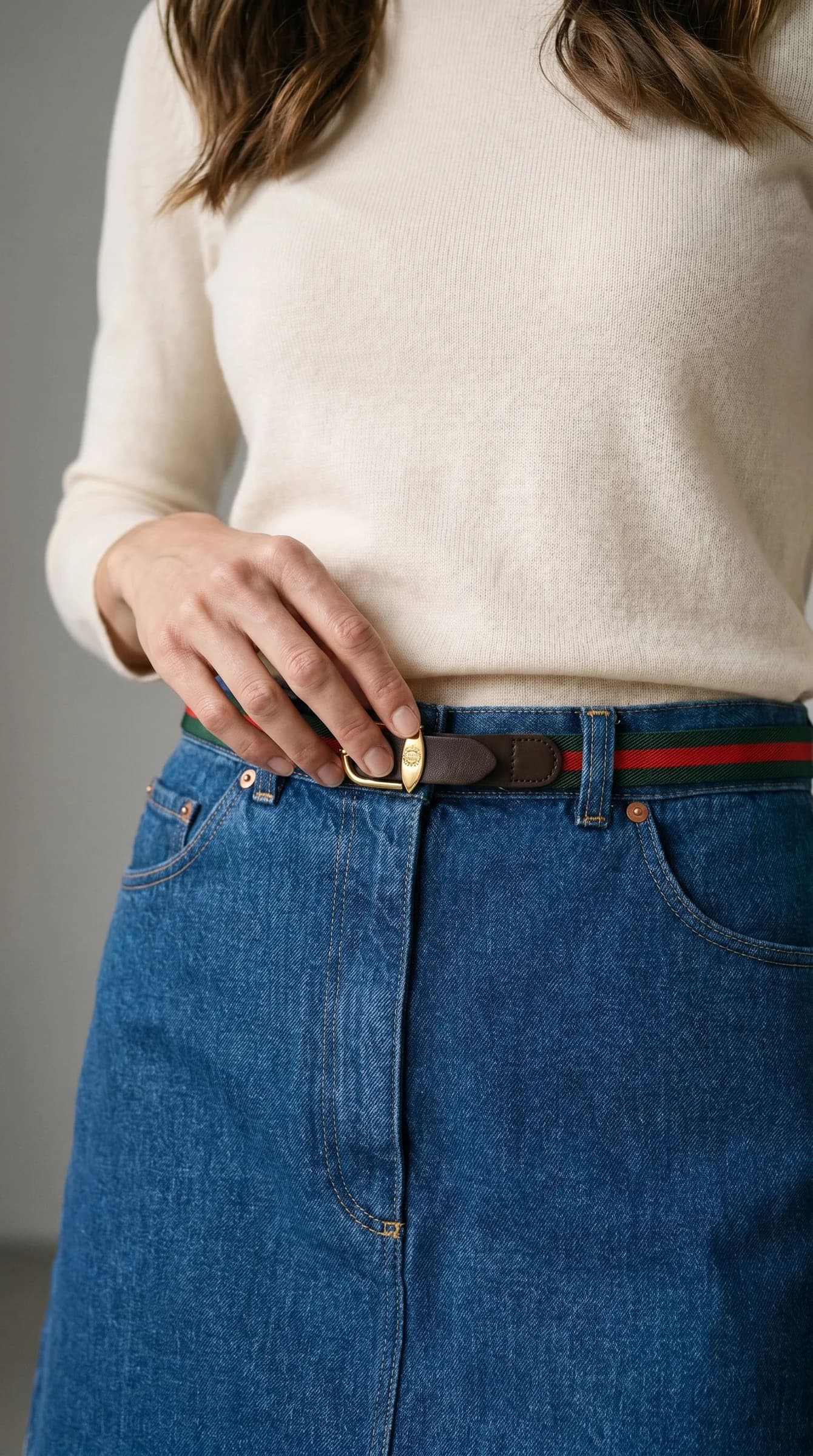 Gucci Web Şerit Kemerli Denim Mavi Mini Etek görsel 5